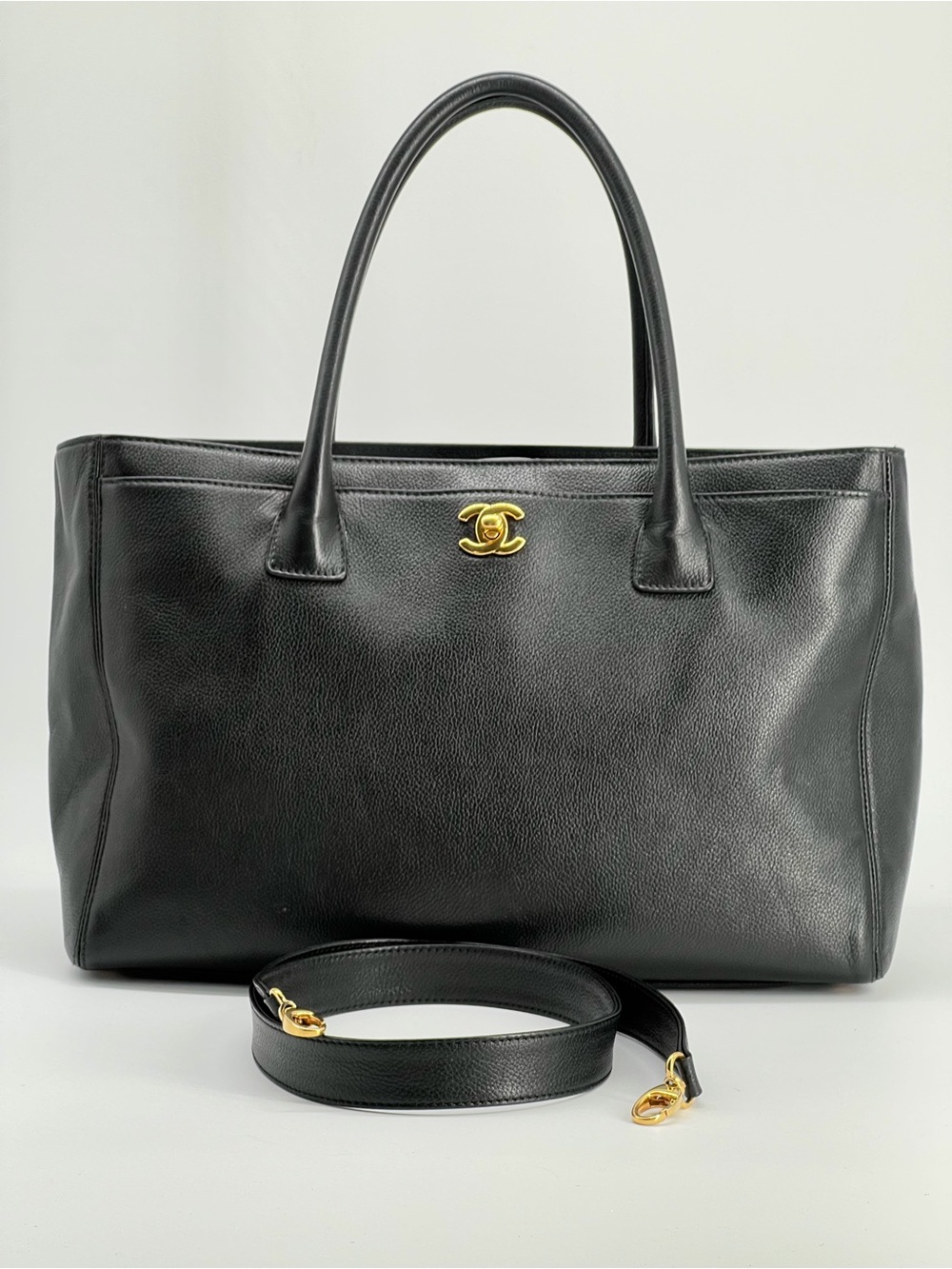 CHANEL Cerf Black Leather Executive Tote Bag